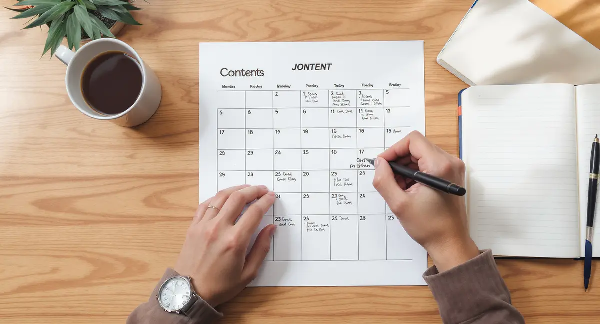 Hands annotating a printed content calendar grid with pen, coffee cup beside notebook - Strategyc