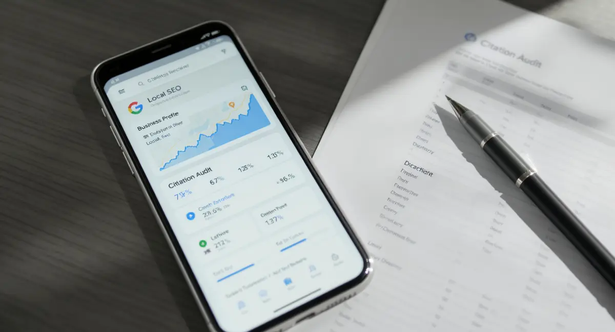 Smartphone displaying Google Business Profile dashboard with local SEO metrics, positioned on a desk next - Strategyc