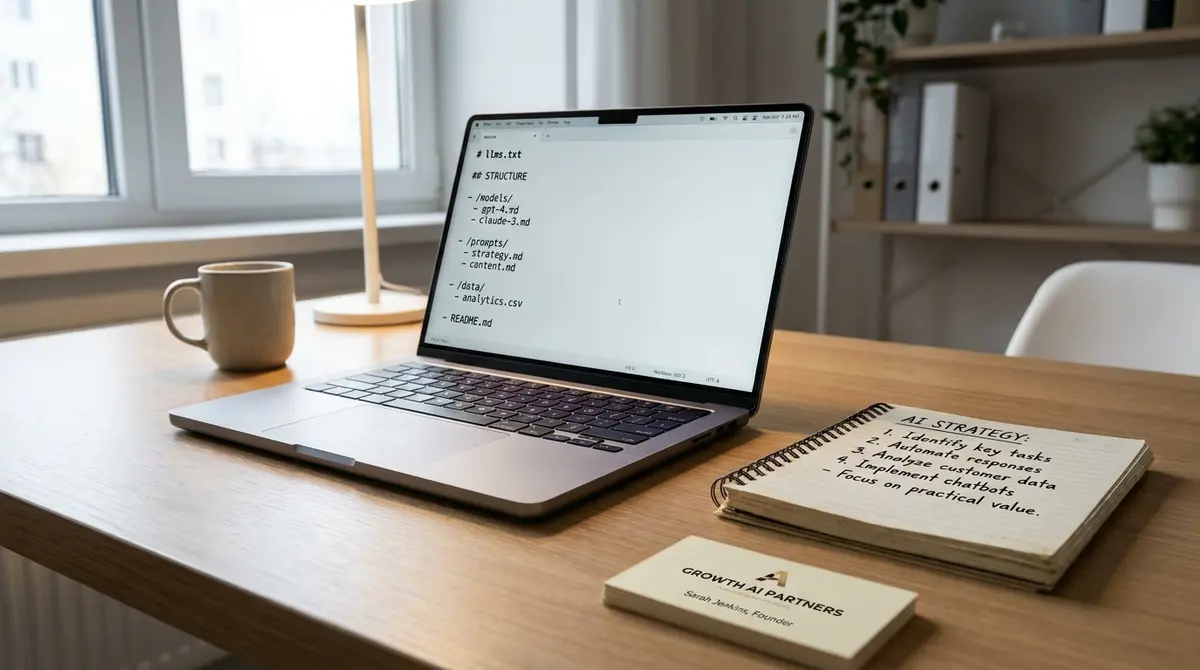 Small business owner's desk with open laptop displaying llms.txt file structure, notebook with AI - Strategyc