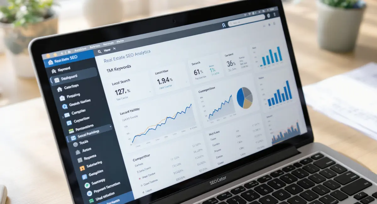 Close-up of a laptop screen displaying a real estate SEO analytics dashboard with keyword rankings, local - Strategyc