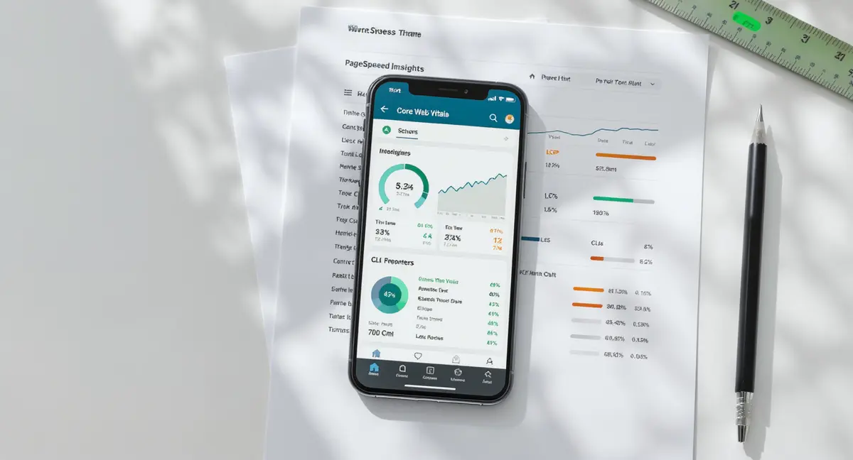 Smartphone displaying WordPress theme performance metrics dashboard with Core Web Vitals scores, resting - Strategyc