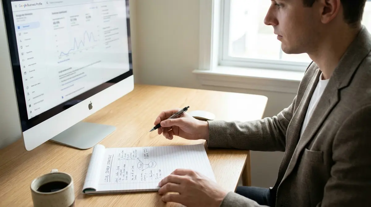 Person at desk reviewing Google Business Profile on monitor while taking notes on local search strategy - Strategyc