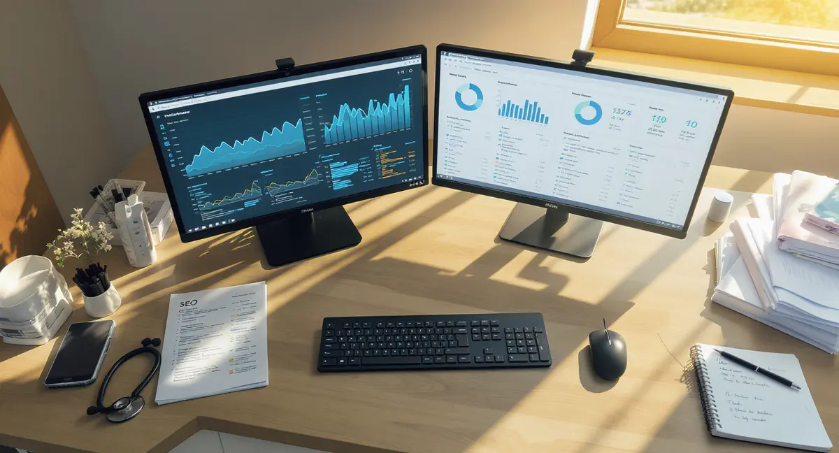 Healthcare provider's desk with dual monitors displaying analytics dashboards and search ranking data - Strategyc