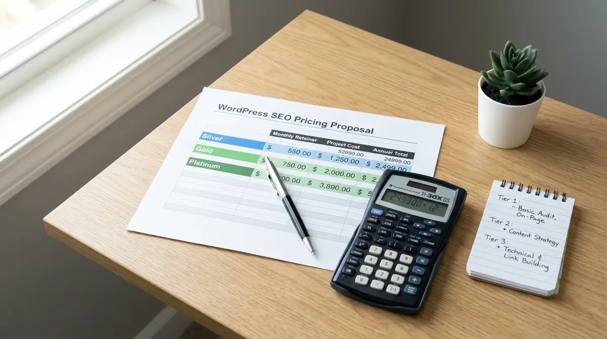 WordPress SEO pricing proposal spreadsheet with calculator, cost comparison chart, and service tier - Strategyc
