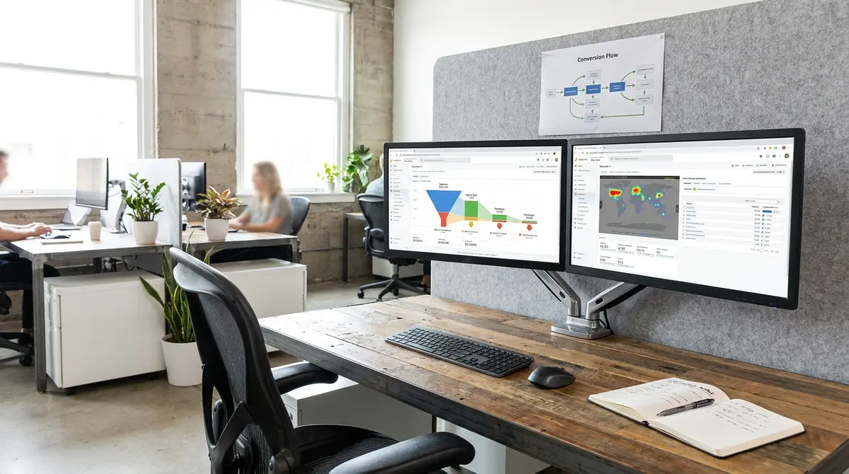 Interior of a digital marketing agency war room with dual-monitor workstations displaying Google - Strategyc