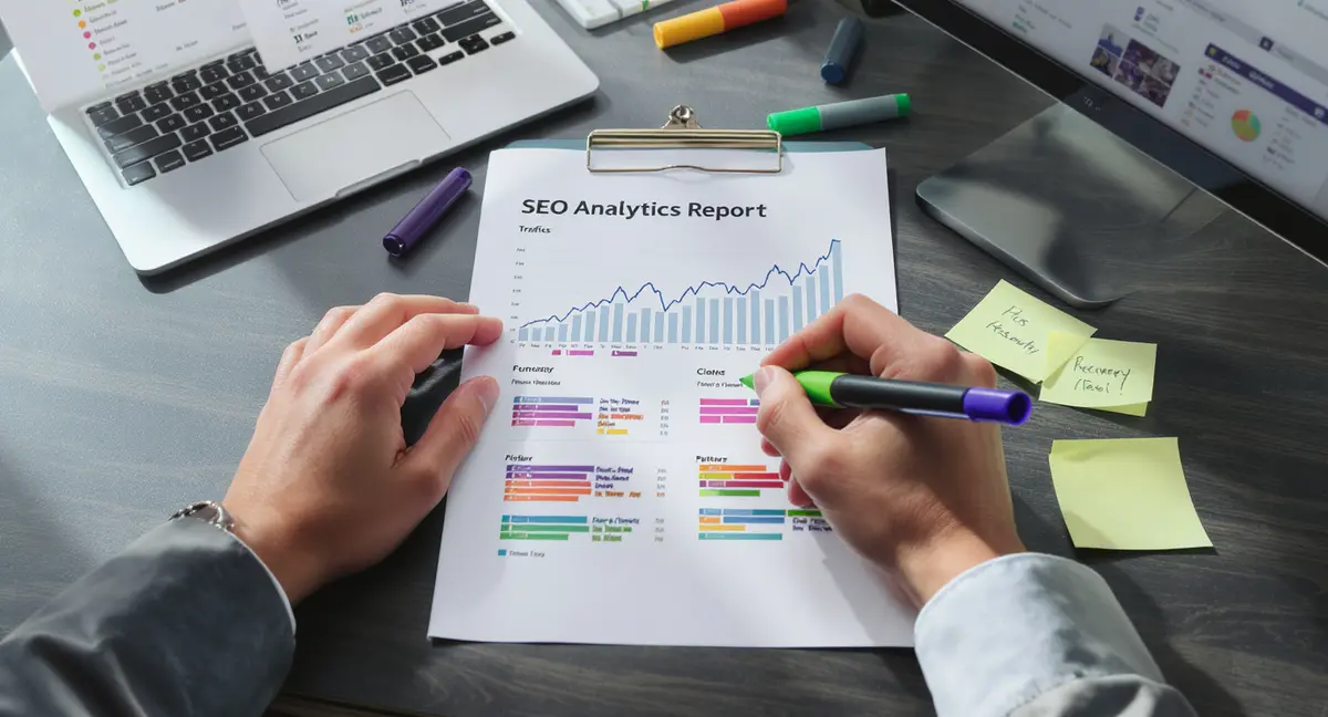 Consultant's hands annotating a printed SEO analytics report with multiple colored highlighters and notes - Strategyc