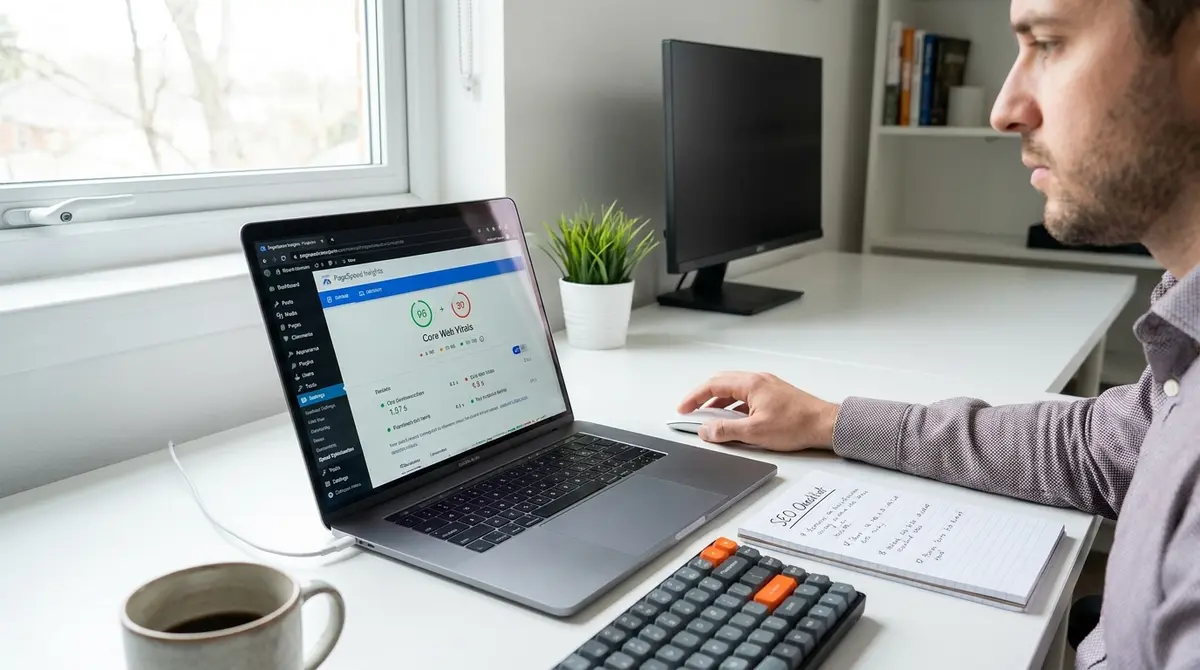 WordPress site owner at laptop reviewing Core Web Vitals metrics, hand on mouse cursor hovering over - Strategyc
