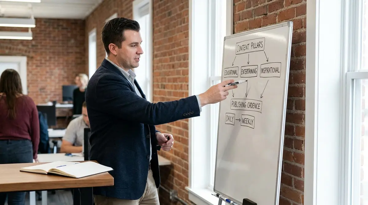 Marketing strategist standing at whiteboard, hand mid-gesture explaining content pillars and publishing - Strategyc