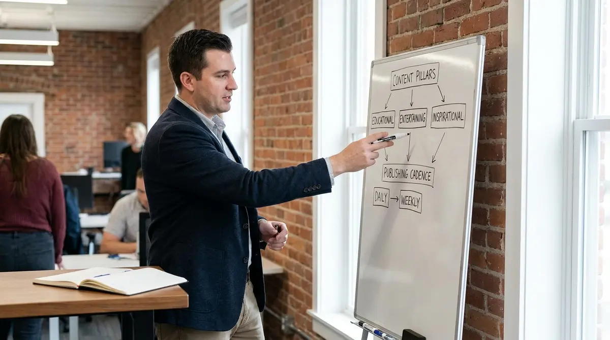 Marketing strategist standing at whiteboard, hand mid-gesture explaining content pillars and publishing - Strategyc