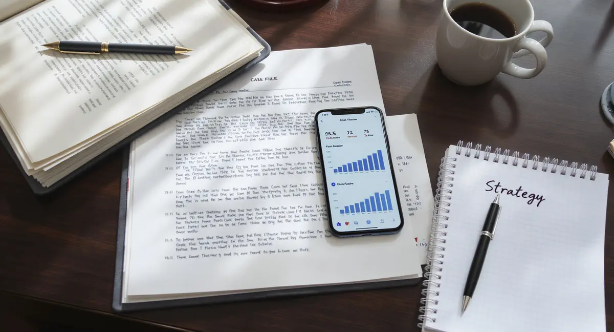Lawyer's desk with open case file, smartphone showing social media analytics dashboard, and handwritten - Strategyc