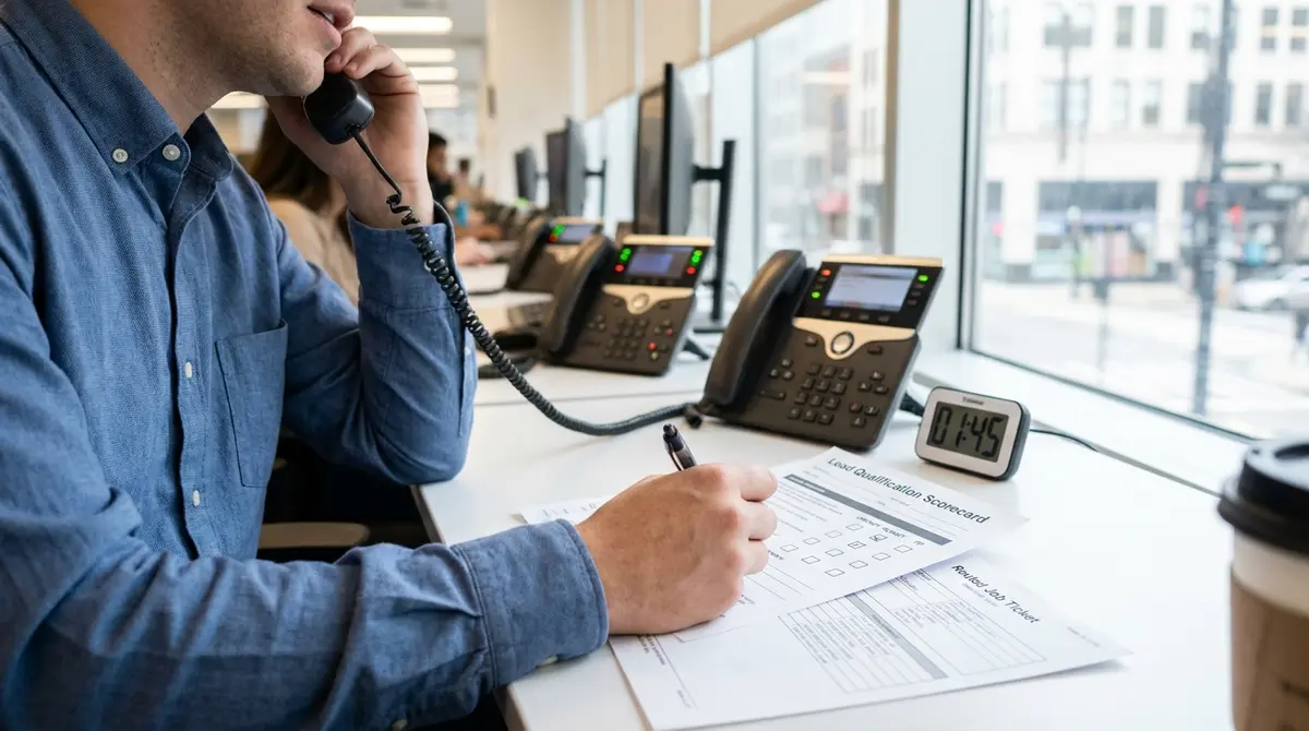 Home services dispatcher or intake coordinator on phone call, hand holding headset, reviewing lead - Strategyc
