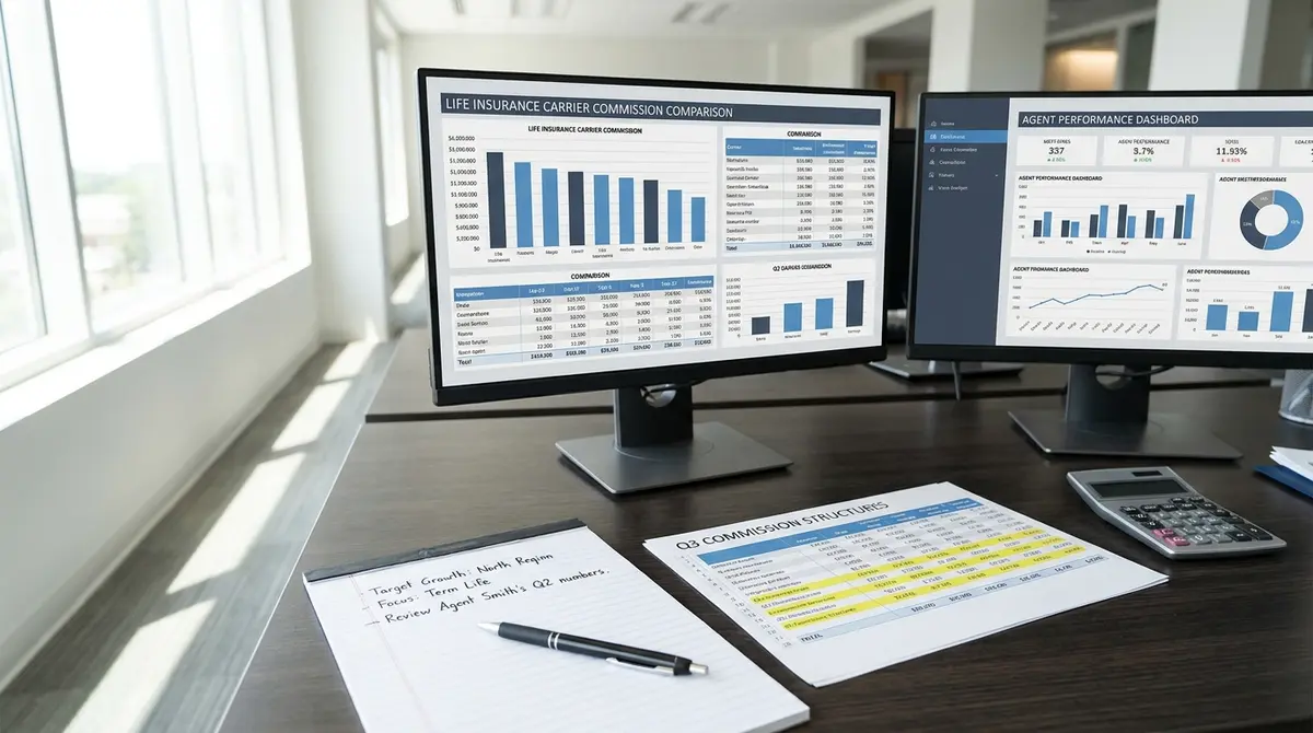 Dual-monitor analyst workstation displaying life insurance carrier commission comparison charts and agent - Strategyc