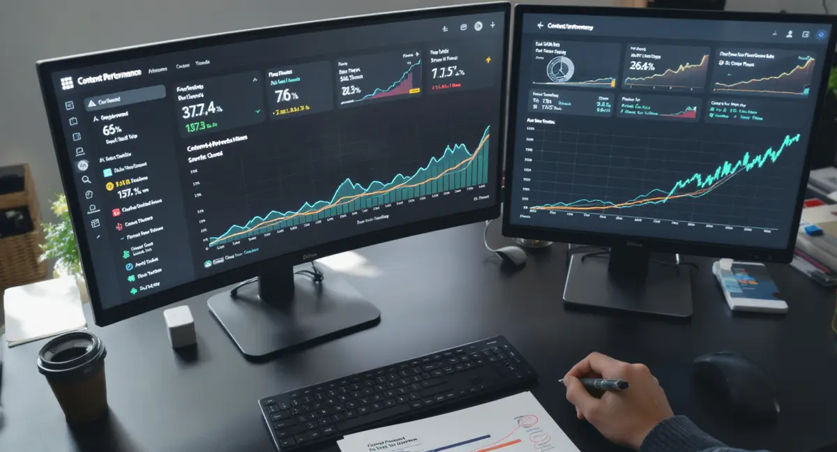 Dual-monitor analytics dashboard displaying content performance metrics, engagement curves, and keyword - Strategyc