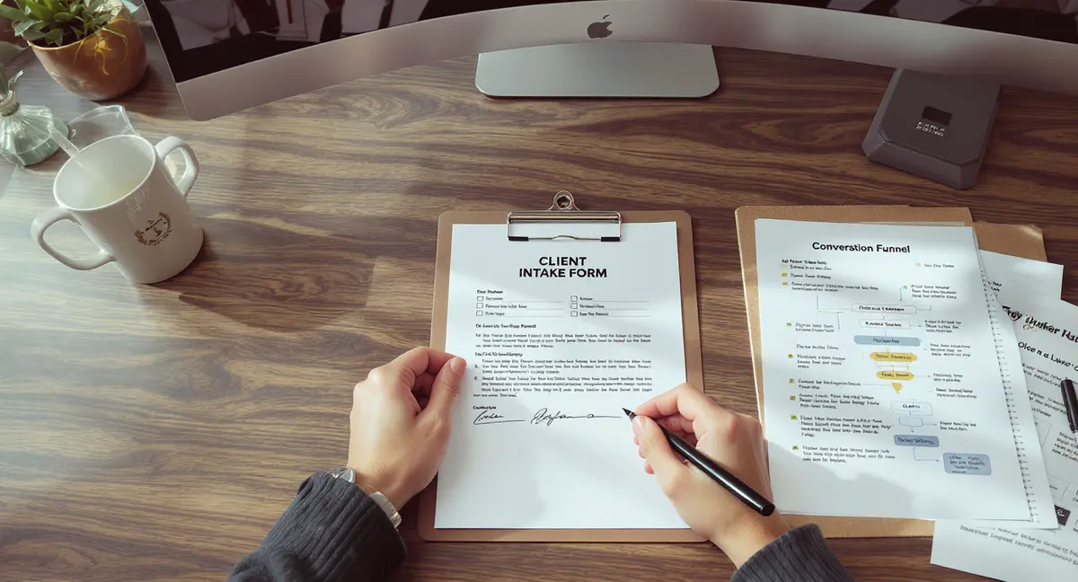 Lawyer's desk with open client intake form, pen poised mid-signature, conversion funnel diagram pinned - Strategyc