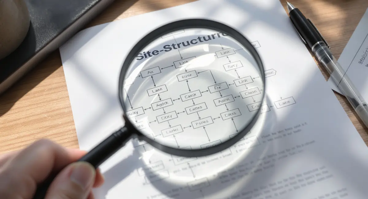Magnifying glass held over a printed site-structure diagram showing internal link pathways and content - Strategyc