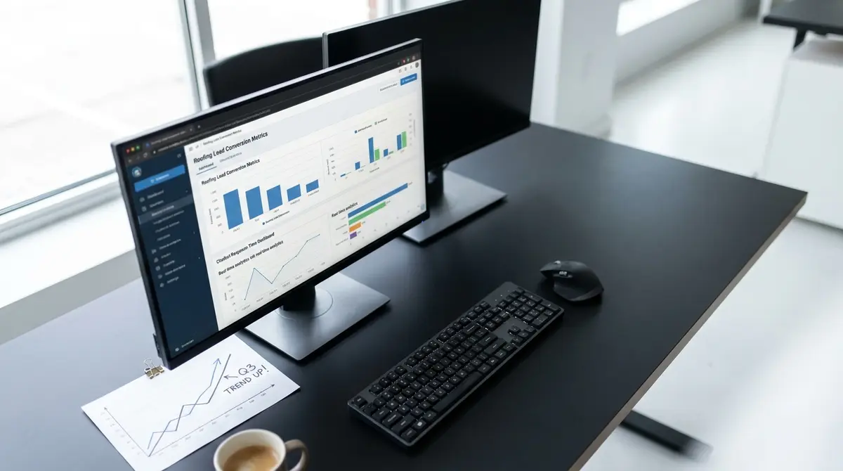 Dual-monitor analyst workstation displaying roofing lead conversion metrics and chatbot response-time - Strategyc
