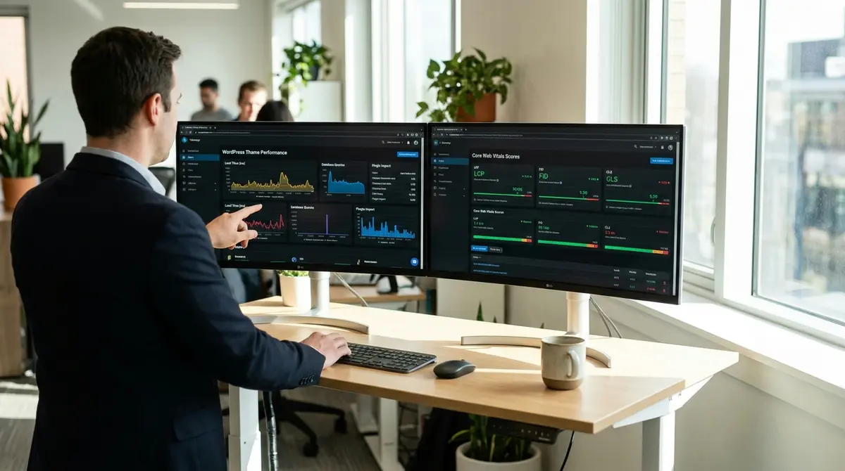 Digital marketer standing at desk pointing at dual monitors displaying WordPress theme performance - Strategyc