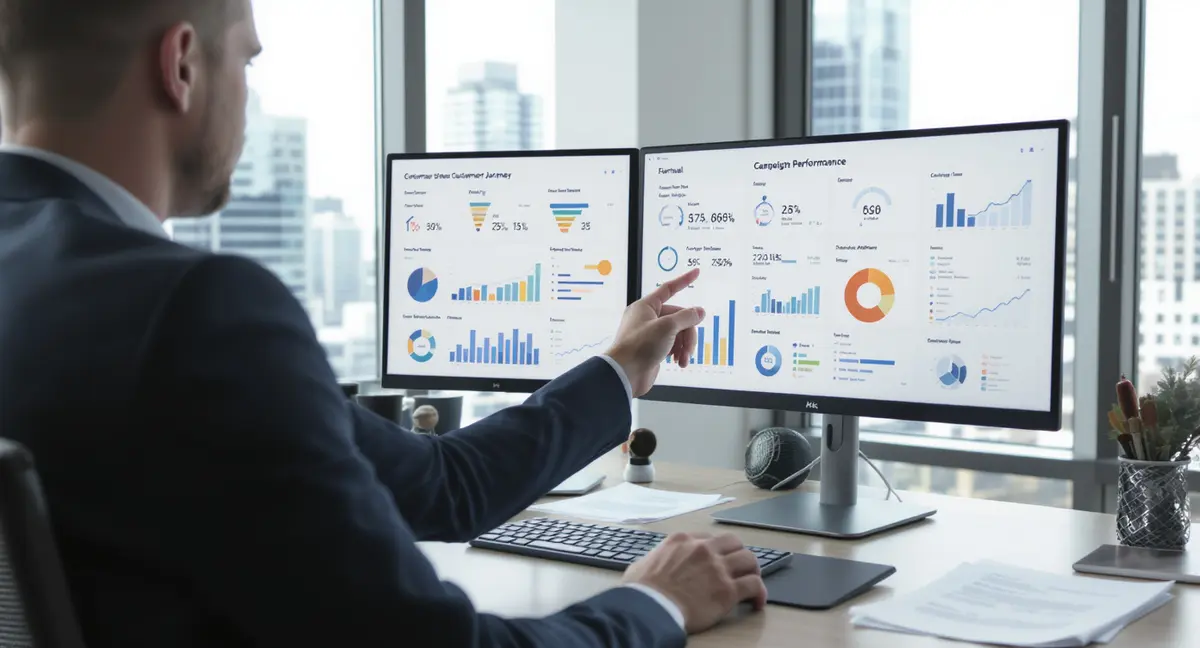 Insurance marketing strategist pointing at a dual-monitor workstation displaying customer journey - Strategyc
