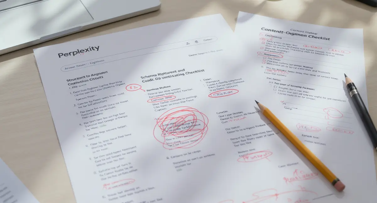 Perplexity AI search results printout with citation highlights, schema markup documentation, and content - Strategyc