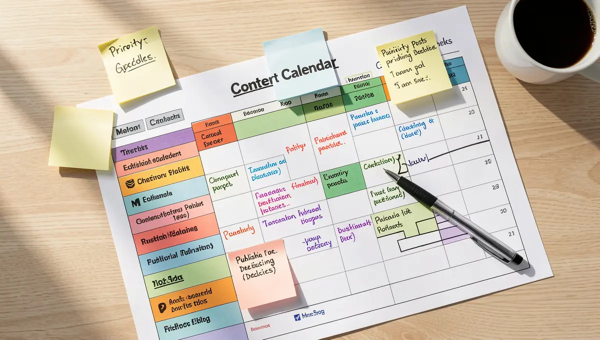 Content calendar spreadsheet with color-coded editorial tasks, sticky notes, and pen marking publishing - Strategyc