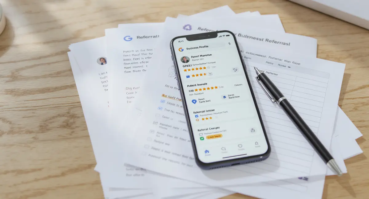Smartphone displaying Google Business Profile review management dashboard, resting on a stack of printed - Strategyc