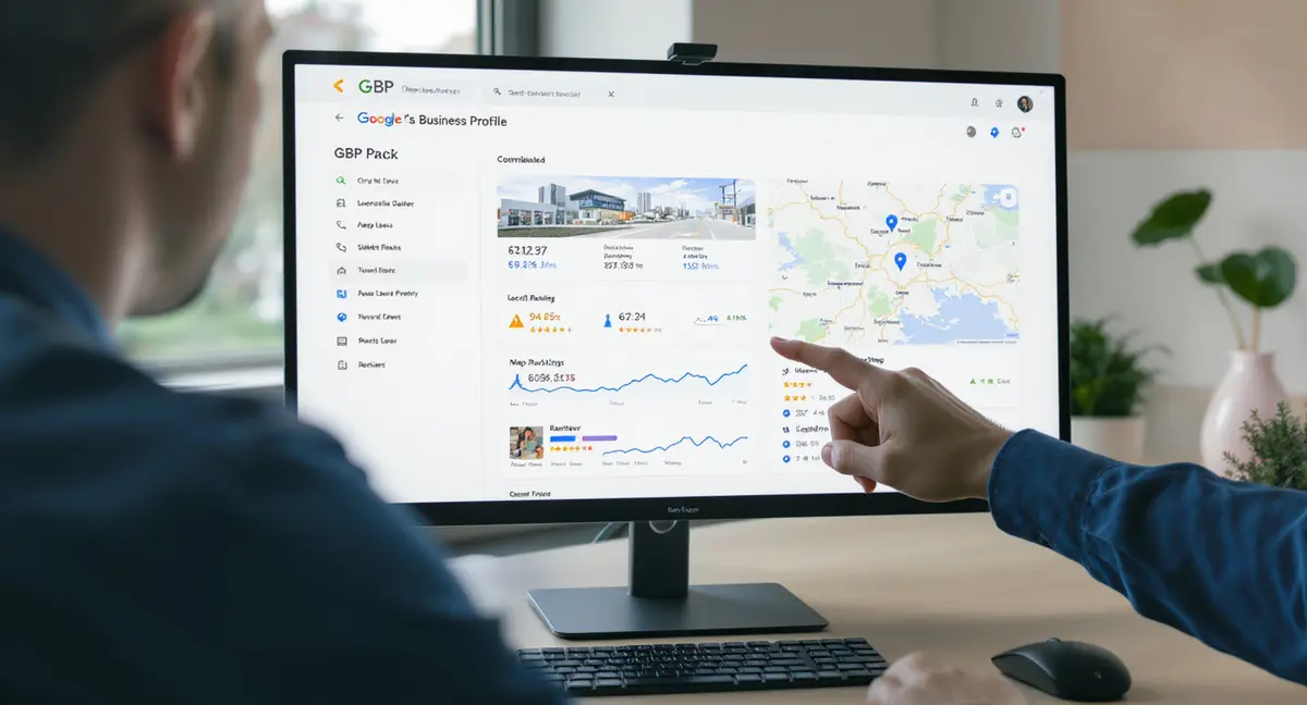 Digital marketer pointing at a large monitor displaying Google Business Profile optimization dashboard - Strategyc