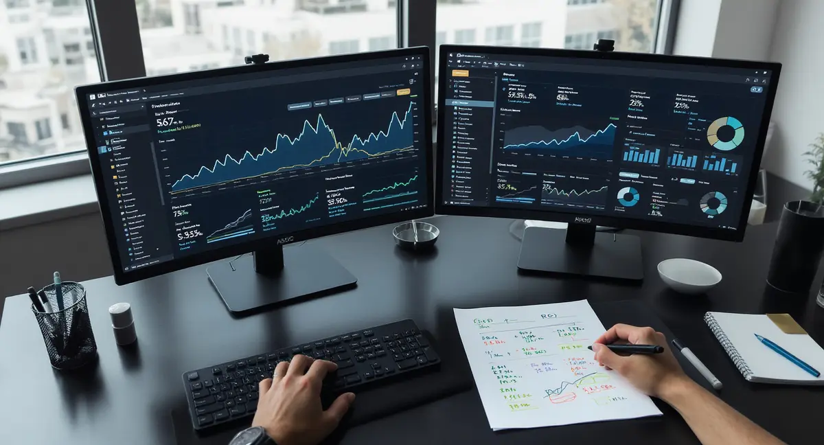 Dual-monitor analyst workstation displaying SEO metrics, line charts, and revenue data side-by-side - Strategyc