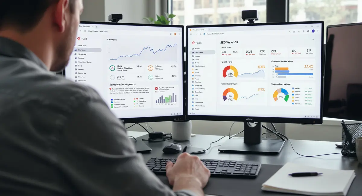 Digital marketer pointing at dual-monitor workstation displaying SEO audit dashboard with crawl errors - Strategyc
