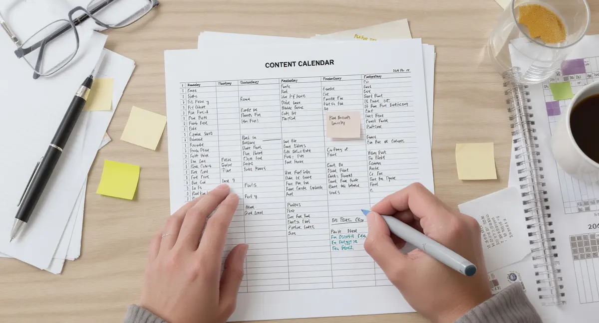 Hands annotating a printed content calendar spreadsheet with pen and sticky notes at desk - Strategyc