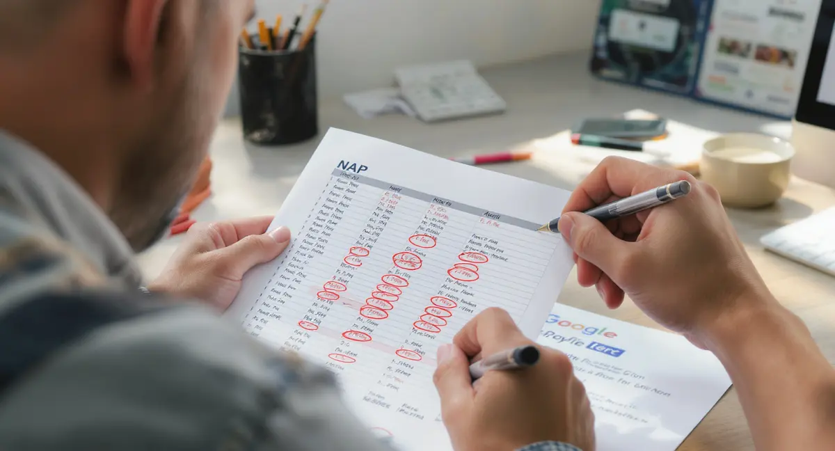 Contractor at desk on phone call, reviewing printed NAP audit spreadsheet with highlighted discrepancies - Strategyc