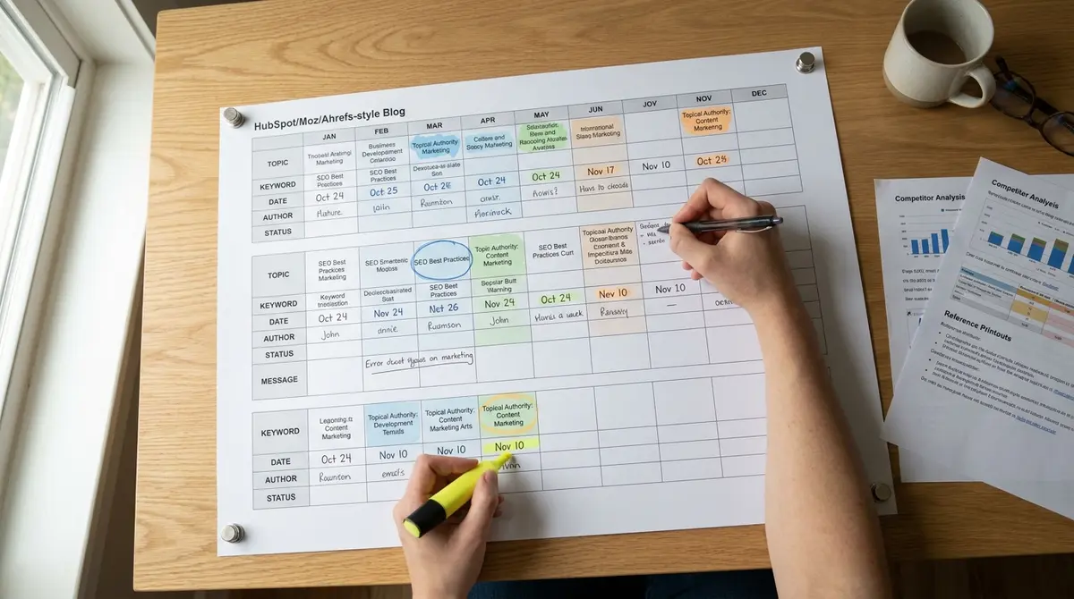 Printed blog content calendar template grid with color-coded topic clusters, keyword annotations, and - Strategyc
