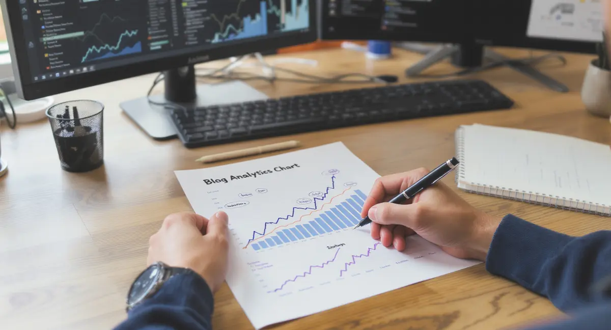 Hands annotating a printed blog analytics chart with a pen, dual monitor setup visible - Strategyc