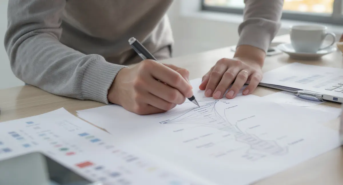 Digital marketer annotating a conversion funnel diagram on a printed report, pen in hand mid-markup - Strategyc