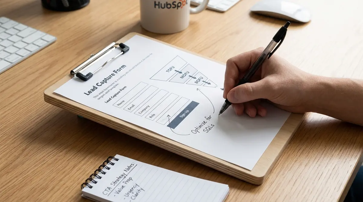 A clipboard with a lead capture form template and conversion funnel diagram, pen poised mid-annotation on - Strategyc