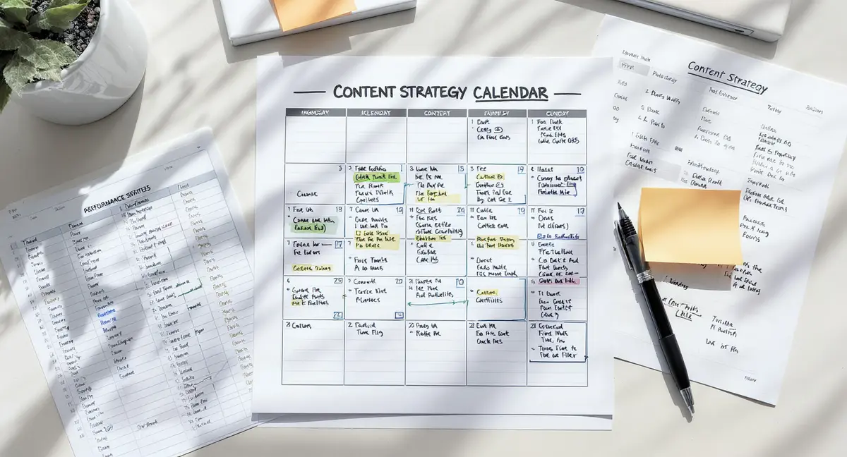 Content strategy calendar printed on desk with color-coded topic cards, pen annotations, and performance - Strategyc