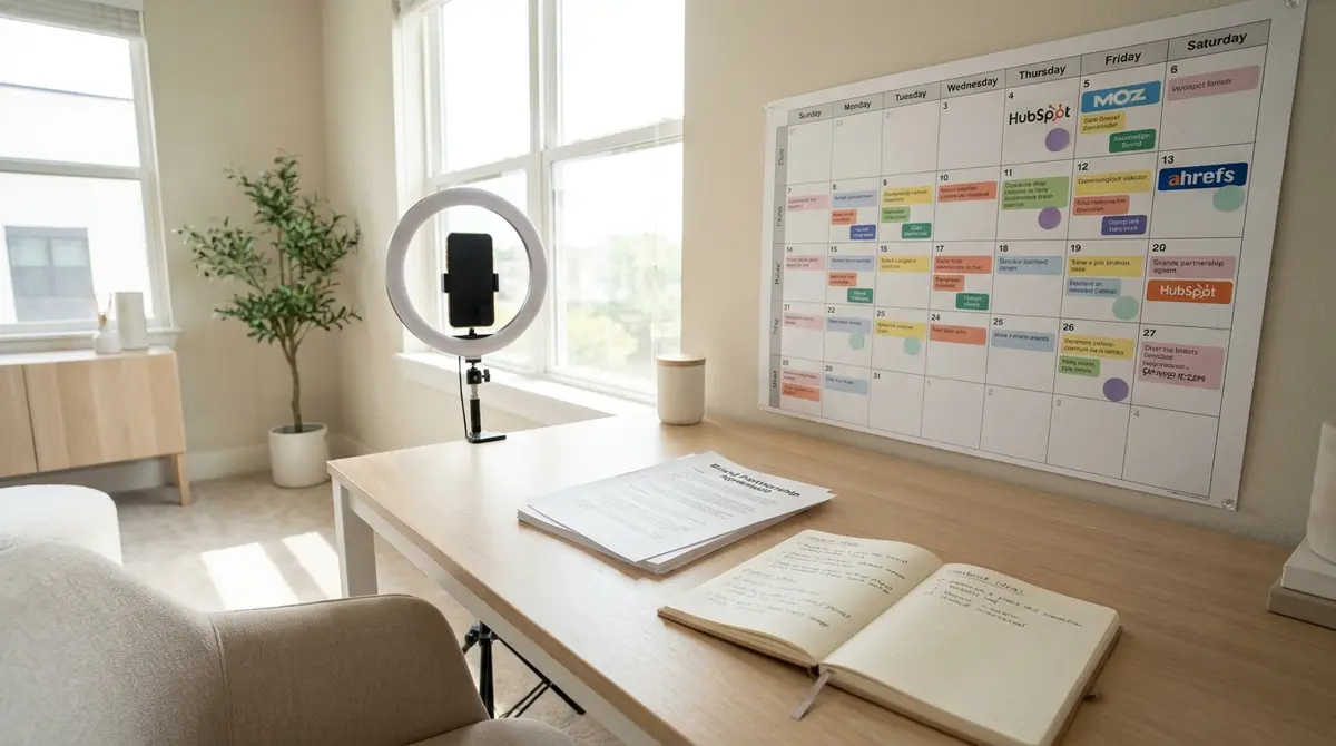 Influencer's home studio workspace with content calendar pinned above desk, ring light, phone tripod, and - Strategyc