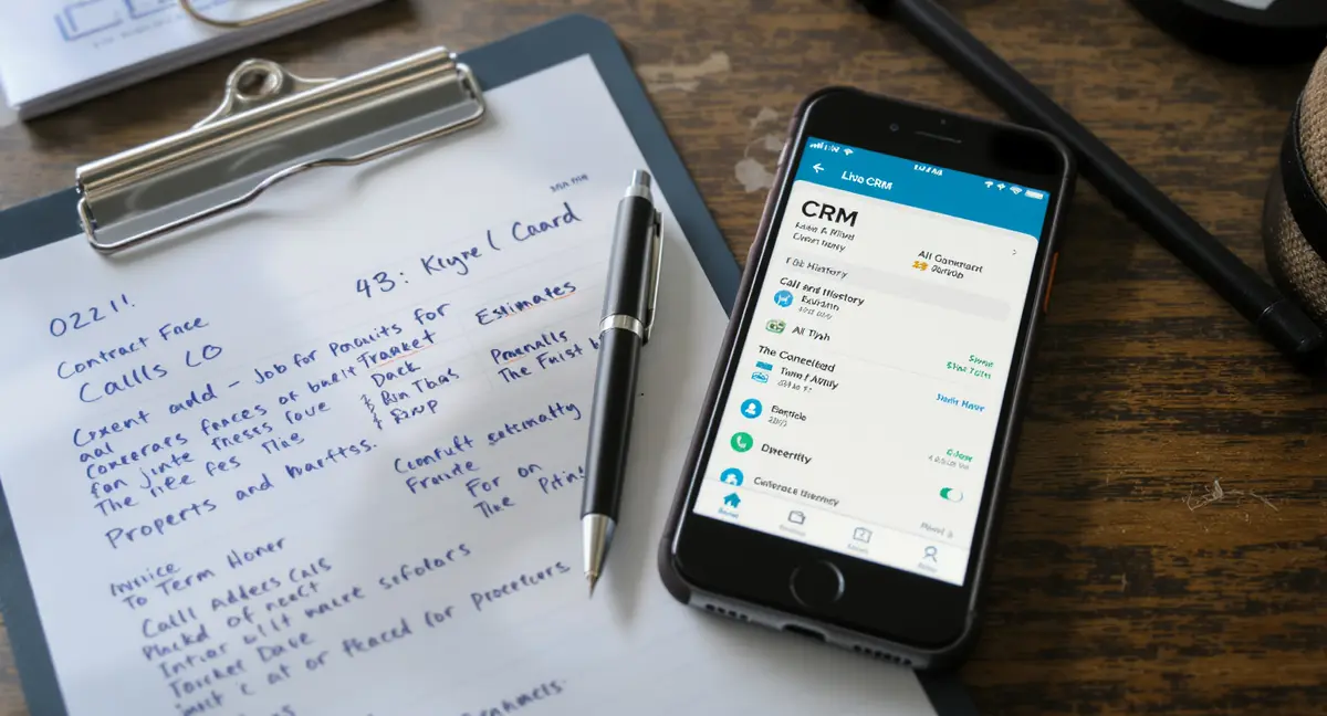 Smartphone displaying live CRM dashboard with AI call log and automated estimate queue beside physical - Strategyc