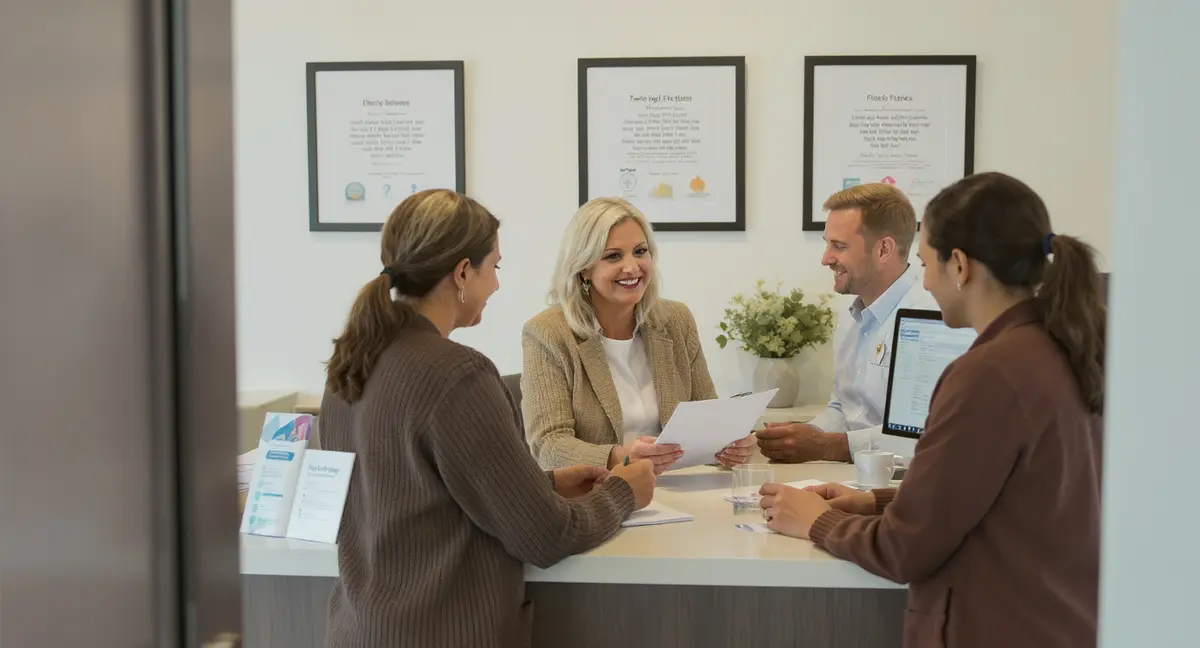 Home care agency reception desk with family consultation in progress, care coordinator reviewing intake - Strategyc