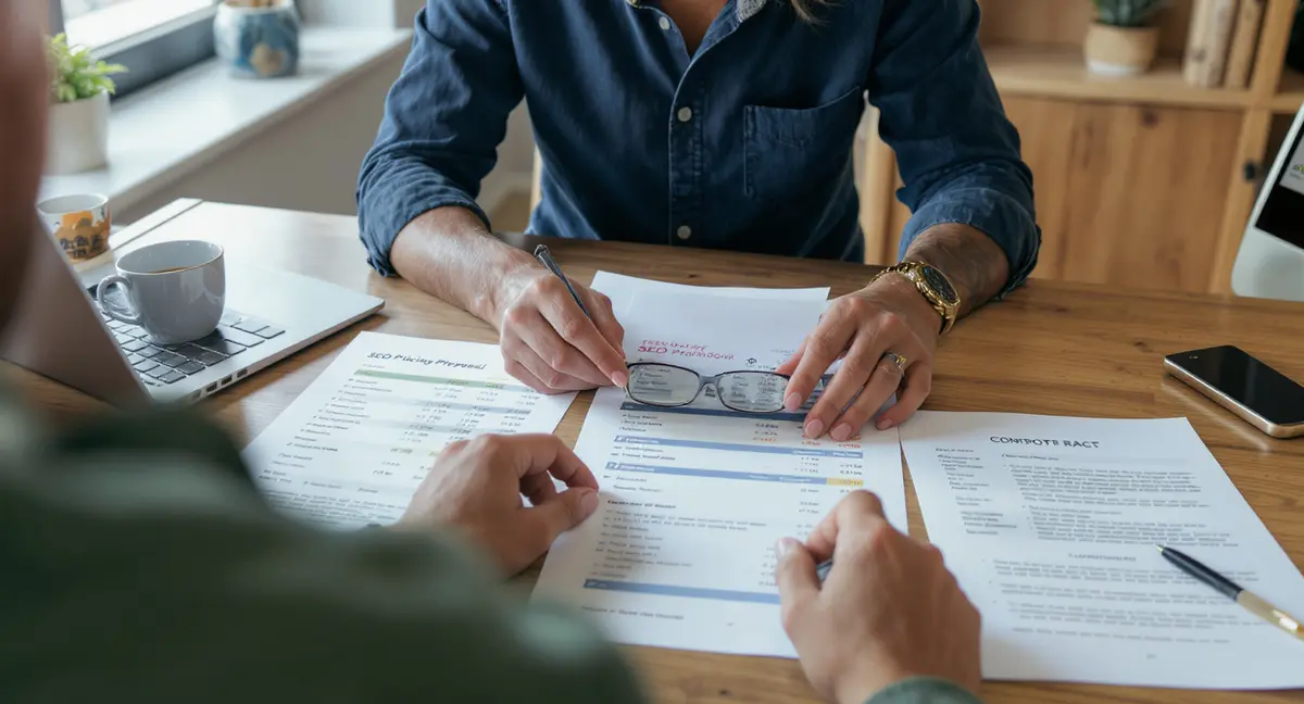 Small business owner at desk reviewing SEO proposal documents with pricing breakdown sheets and contract - Strategyc