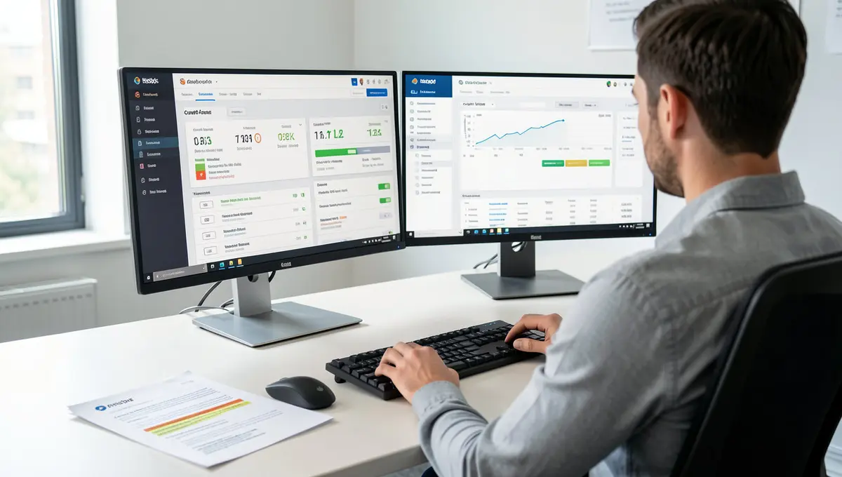 Digital marketer's workstation with dual monitors displaying website audit dashboard and crawl report data - Strategyc