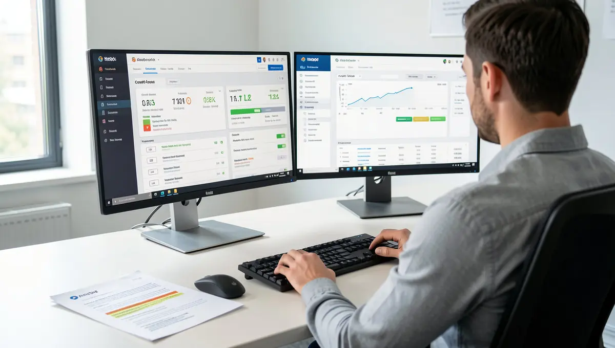 Digital marketer's workstation with dual monitors displaying website audit dashboard and crawl report data - Strategyc