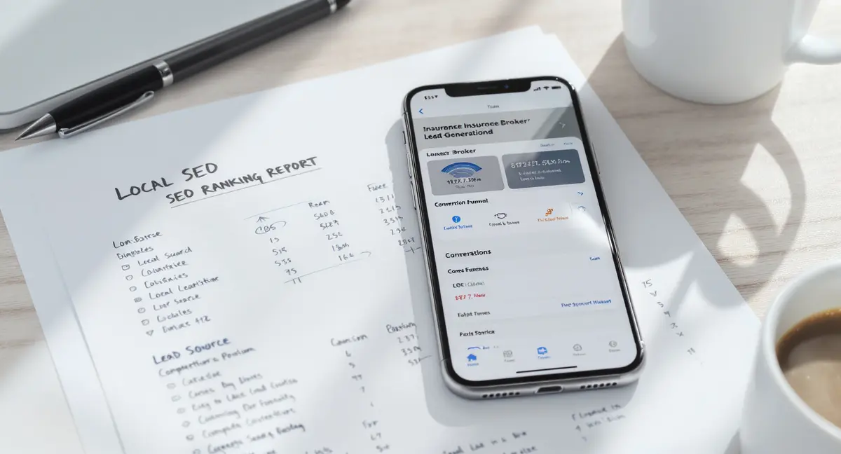 A smartphone displaying an insurance broker lead-generation dashboard with conversion funnels, resting on - Strategyc