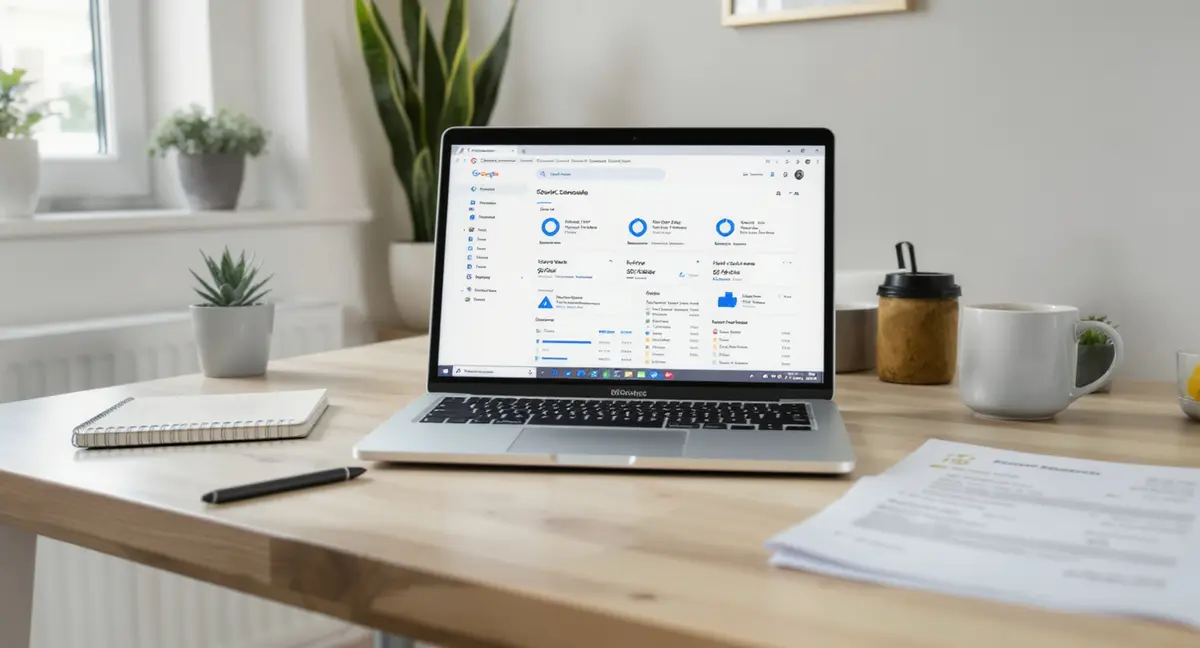 A beginner's home office desk setup with a laptop displaying a Google Search Console dashboard, notebook - Strategyc