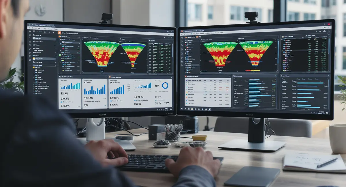 A/B testing analyst workstation with dual monitors displaying conversion funnel heatmaps and split-test - Strategyc