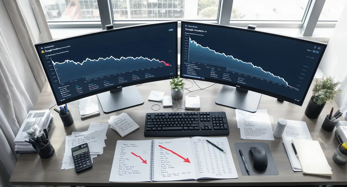 Analyst's dual-monitor workstation displaying a line chart with a visible downward trend and Google - Strategyc