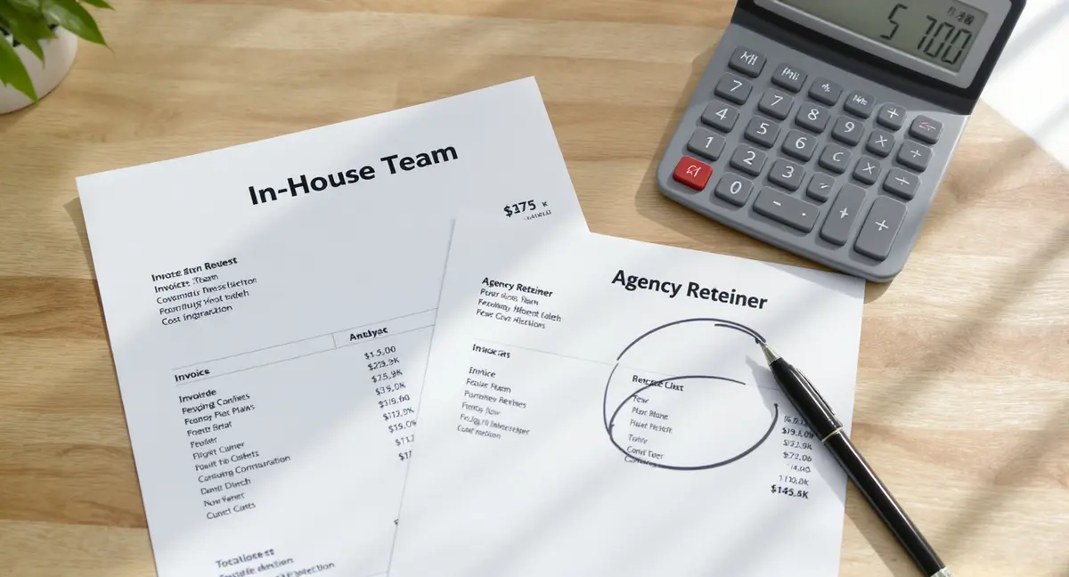 Two invoices and a calculator on a desk, one marked 'In-House Team' showing $275K annual cost, the other - Strategyc