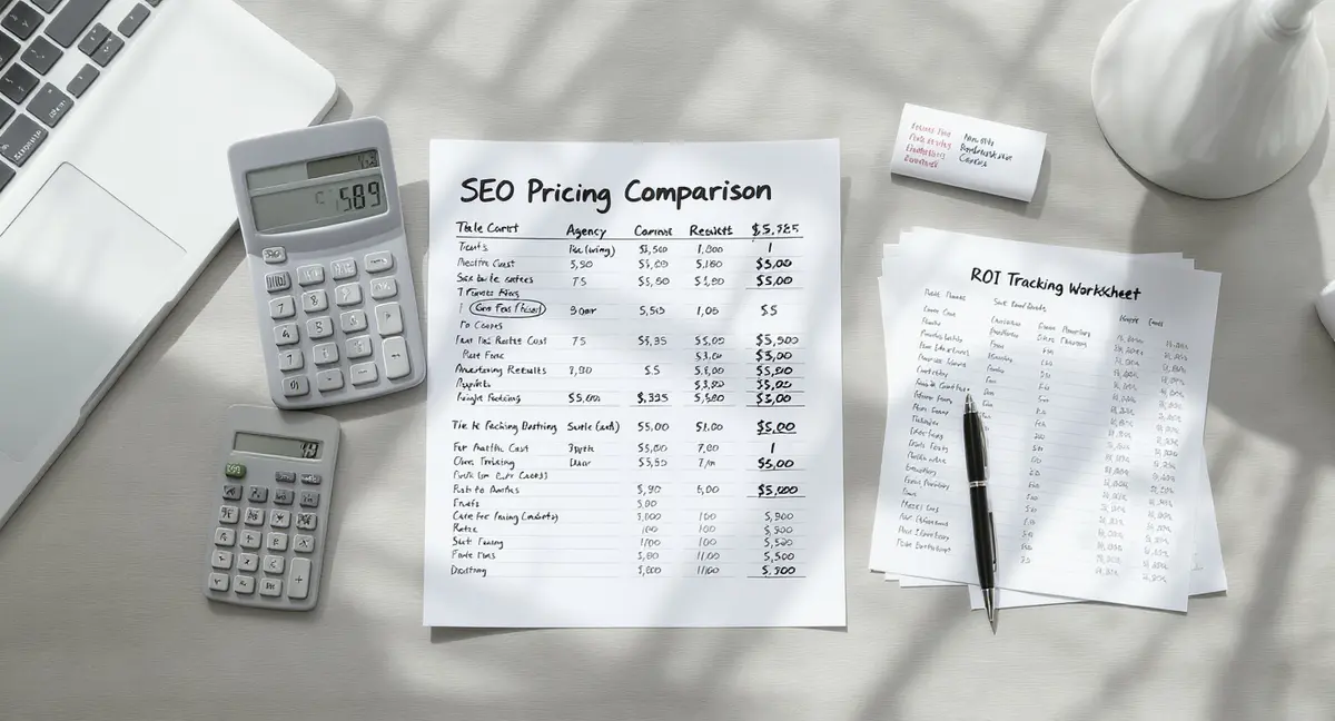 SEO pricing comparison spreadsheet with calculator, agency rate cards, and ROI tracking worksheet on desk - Strategyc