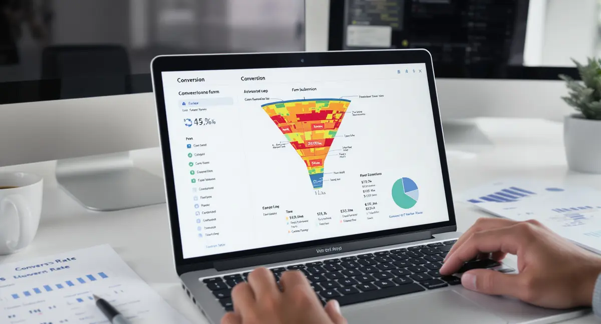 Laptop screen displaying conversion funnel analytics with heat map overlay and form submission data - Strategyc