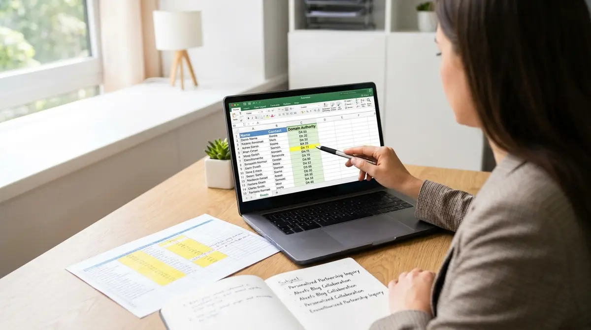Digital marketer at desk reviewing outreach spreadsheet, hand pointing at prospect domain authority - Strategyc