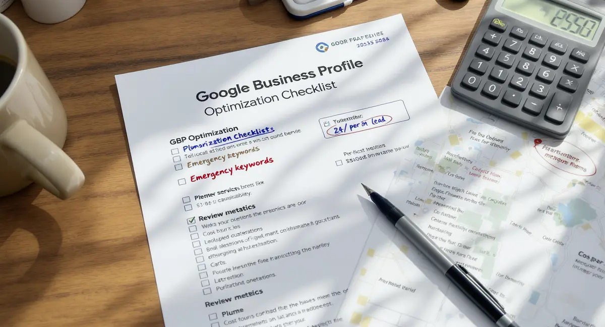 Google Business Profile optimization checklist printed and annotated on desk with plumbing service area - Strategyc